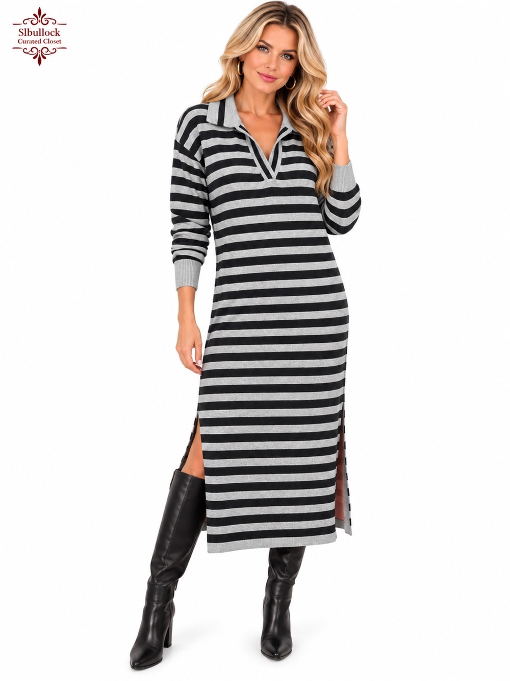 D77 Fashion Black Gray Striped Collared V-Neck Knit Midi Dress Size Small